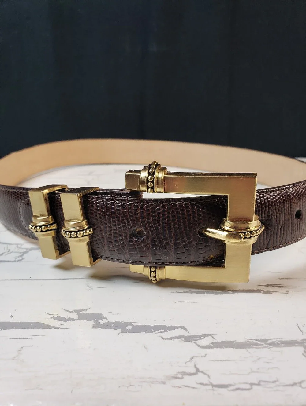 Brighton Vintage Embossed Teju Lizard Belt in Dark Brown - Women's M (28-30)